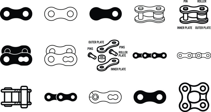 Industrial Bicycle Chain Link Icon Set Featuring Roller Chain Components, Master Links, and Mechanical Parts for Cycling Maintenance, Engineering, and Technical Repair Manuals