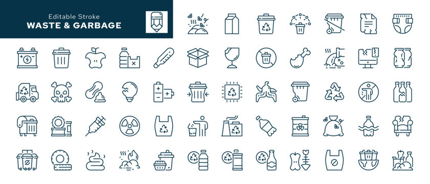 Waste and garbage outline icons set.Waste sorting, recycling, plastic, glass, pollution and more. Line icon in linear style. Vector collection