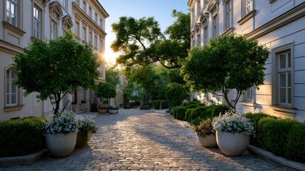 Naklejka premium Wide boulevard lined with trees and classic buildings in a historic city center, urban development, travel destination, architectural heritage, calm atmosphere.