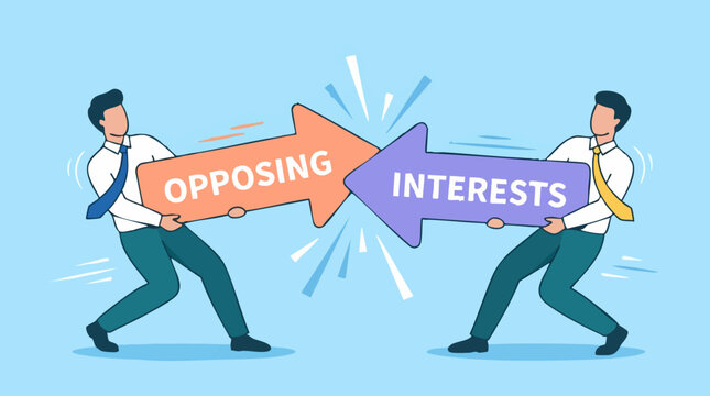Two Businessmen in Conflict with Opposing Interests Arrows