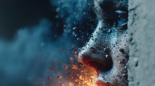 Cinematic close up backdrop featuring a profile face shattering into fragments
