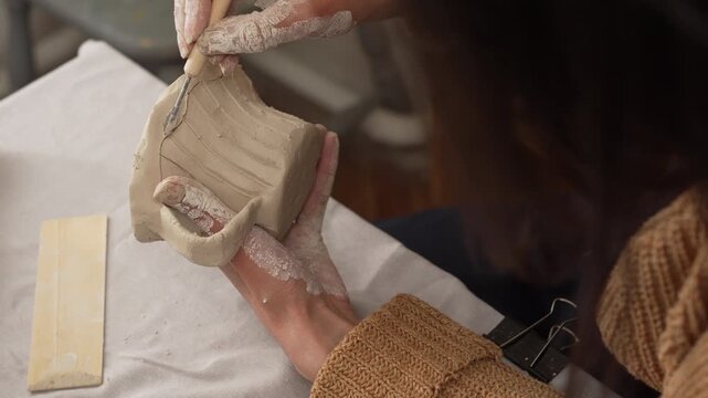 craftsman female potter small business owner work with clay mud. pottery molding stoneware manufacturing hobby
