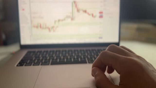 Hand using a trackpad on a laptop as it surveys a trading chart for a commodity