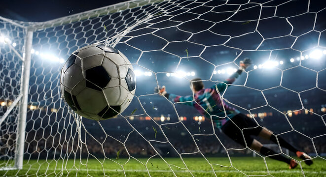 Bal&oacute;n de f&uacute;tbol en la red de la porter&iacute;a marcando un gol durante un emocionante partido en un estadio iluminado