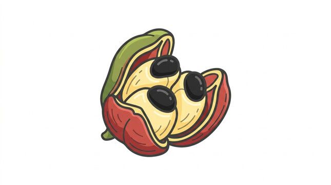 A ripe ackee fruit split open showing its creamy white arils and black seeds.