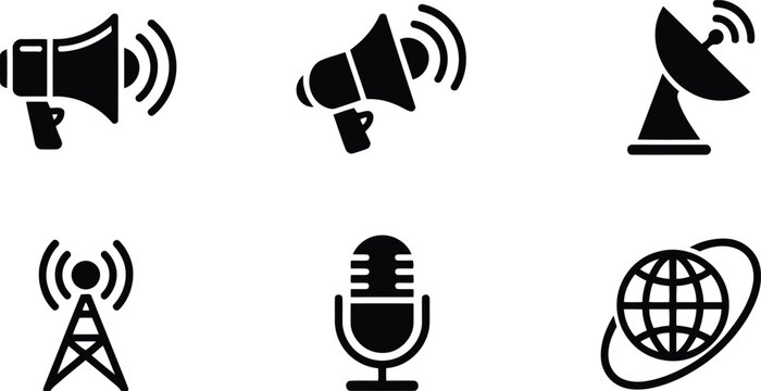 Communication technology icons set megaphones satellite dish radio tower microphone and globe