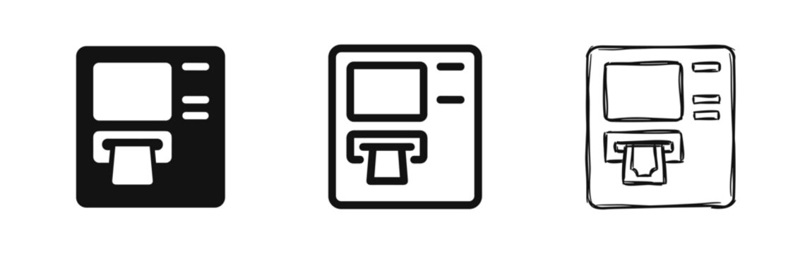 Automated teller machine ATM icons in solid, outline, and sketch styles