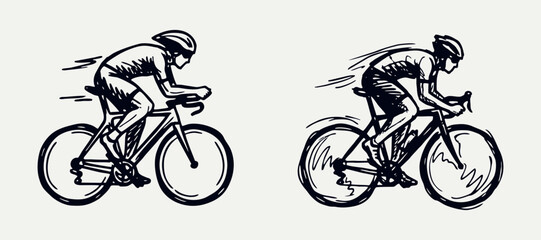 Obraz premium Dynamic Hand Drawn Cycling Vector Logo Set: Professional Road Bike Racing Sketch Icons for Sports Branding and Triathlon Athlete Club Identity
