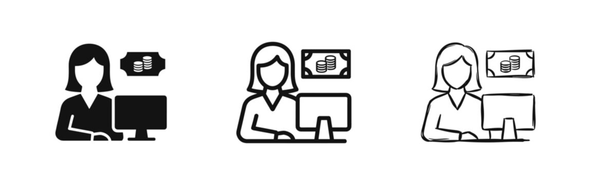 Female bank teller or cashier icons at a computer in three styles