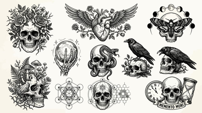 Dark Horror Gothic Skull Anatomy Illustration Vector Set with Floral Crown Anatomical Heart Moth Snake Raven and Engraving Design