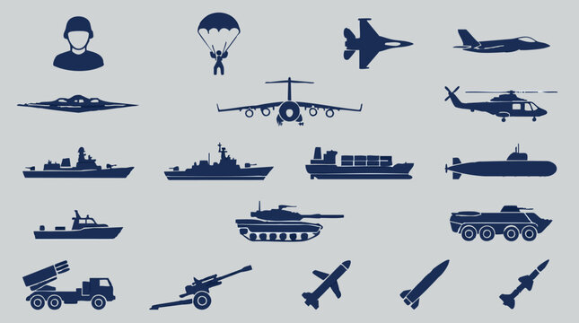 Set of military vehicles, aircraft, ships, and weapons icons