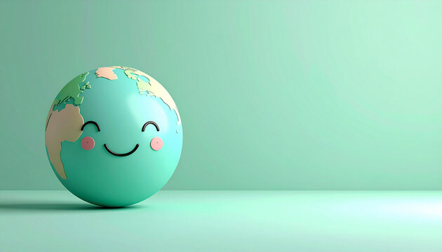 Happy smiling earth globe with rosy cheeks on green background
