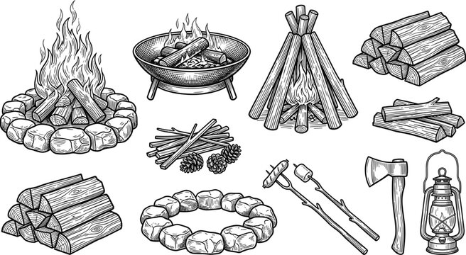 Campfire and Camping Gear Icon Set with Burning Bonfire Fire Pit Firewood Logs Kindling Marshmallows Hatchet Axe and Kerosene Lantern Vectors