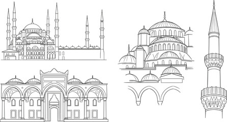 Islamic Mosque Architecture Illustration Collection Featuring Ottoman Domes, Minarets, Historic Religious Buildings, and Architectural Line Art Vector Designs © MstShahida