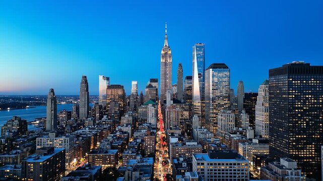 Expansive twilight panorama showcases the iconic Empire State Building amidst a sprawling metropolis lightened by the vibrant glow of urban evening illumination, illuminating towering