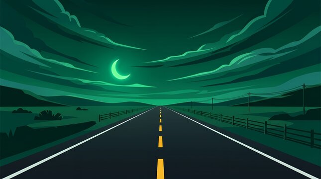 緑の夜空に浮かぶ三日月とどこまでもまっすぐ続く夜の道路のイラスト背景
