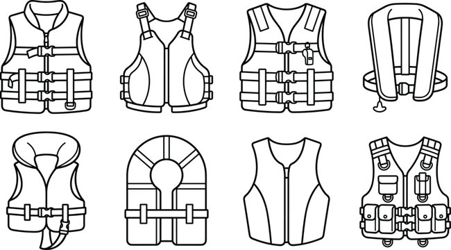 Life Jacket and Personal Flotation Device Icon Set Featuring Marine Safety Vests, Rescue Equipment, and Water Protection Gear