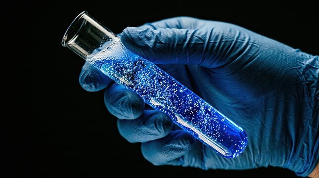 Scientist in protective blue gloves holding a clear glass test tube filled with glowing blue liquid and bubbling chemical reaction