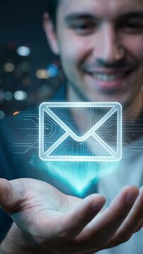 Glowing email hologram floating above man hand. Digital communication and electronic mail newsletter concept on night city background