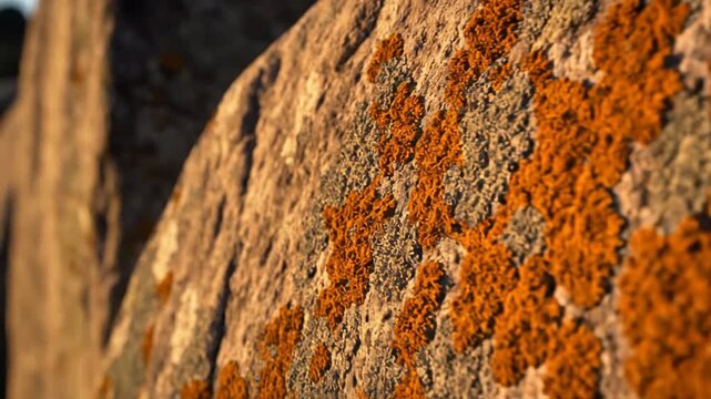 Immersive 4k cinematic slow-motion macro view of ancient Stonehenge stone megaliths showcasing detailed orange lichen growth during golden hour light for historical nature