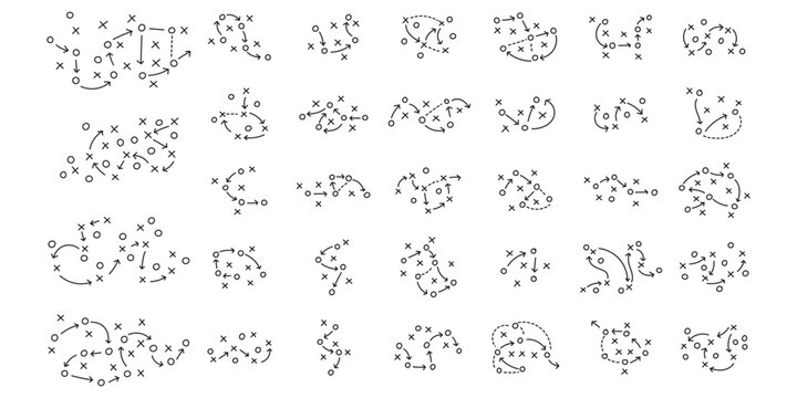Football tactics hand drawn doodle icon set, soccer game strategy plan diagram with arrows, passes, player movement, player positions and game plan.