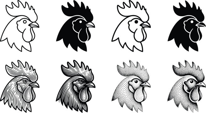 Rooster Head Silhouette and Line Art Icon Set with Detailed Engraving and Stippling Styles for Farmhouse Logo and Poultry Branding Vectors