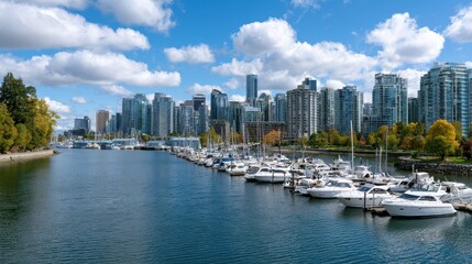 Fototapeta premium Marina waterfront with modern skyline and boats, urban lifestyle, travel destination, coastal city development, premium real estate.