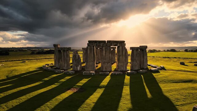 Breathtaking cinematic 4k aerial drone view of ancient Stonehenge megaliths under dramatic golden hour skies for luxury travel or historical documentary advertising