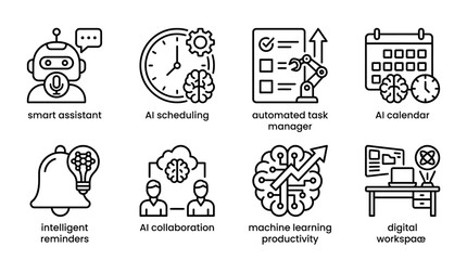 Fototapeta premium Collection of outline icons representing AI productivity and automation tools.