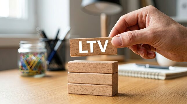 Male hand placing a wooden block with the text ltv on top of a stack in a bright office environment