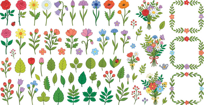 Spring wild flower mega collection set with floral bouquet frame border leaf element vector layout.