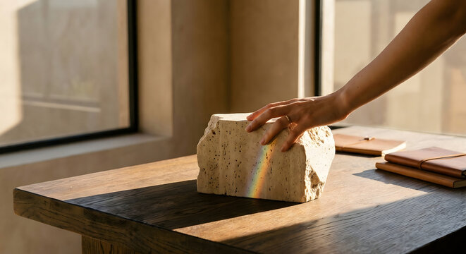 Mano de mujer tocando un bloque de piedra travertino con reflejo de arco&iacute;ris sobre una mesa de madera en un interior minimalista