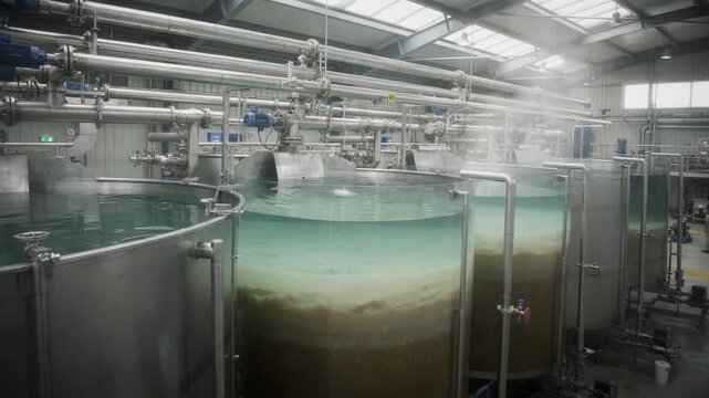 Medium shot capturing sedimentation tanks in a fiber production facility where solids settle to enable water reuse demonstrating sustainable closedloop recycling