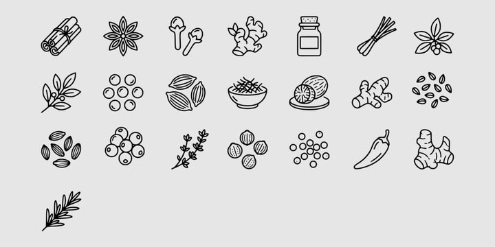 Icon set collection of aromatic spices, herbs, and seasonings, essential for culinary arts, healthy cooking, and flavorful food preparation tasks.