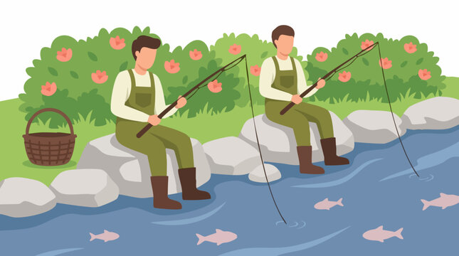 Cartoon illustration of two men fishing in a river with fish and nature