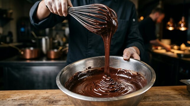 Seorang koki pastry mengangkat adonan cokelat menggunakan pengocok kawat di dapur profesional melambangkan keahlian kuliner premium dan hasrat keahlian memasak