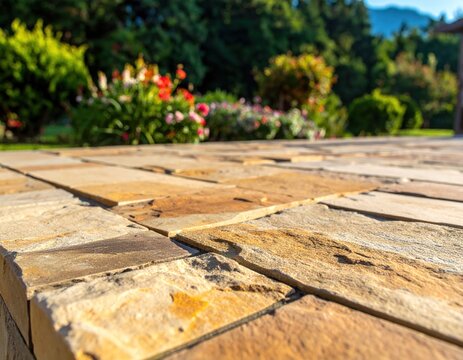 Close-up of flagstone patio in a sunny garden with vibrant flowers