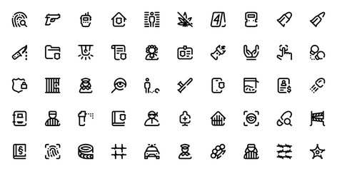 Police icon set. Law enforcement vector icons. Minimalist thin line pack. Includes symbols for fingerprint, gun, handcuff, badge, jail, prison, crime, protection, siren, police car, evidence, wanted,  © wang