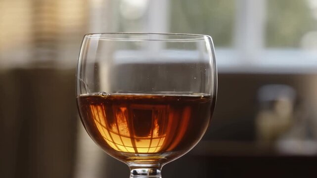 Pouring amber whiskey into a clear glass close-up