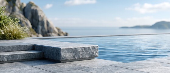 Fototapeta premium Infinity pool overlooking a dramatic ocean and mountain panorama, luxury travel, wellness retreat, relaxation destination, scenic escape.