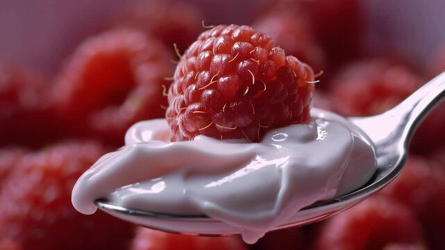 Deliciously fresh raspberries atop creamy yogurt, captured in a close-up view, showcasing the vibrant colors and textures of this delightful dessert combination.