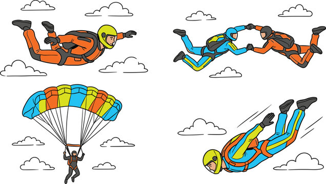 Skydiving and Parachuting Illustration Collection Featuring Freefall Jumpers, Tandem Formation Flight, and Extreme Air Sports Vector Designs