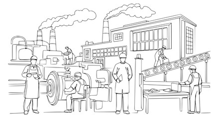 Obraz premium Industrial Factory Scene with Workers and Machinery, Production Line, Smoke Stacks