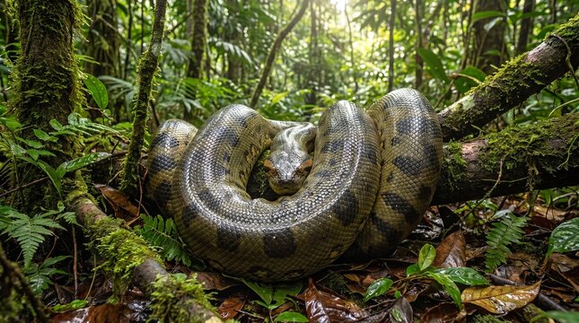 Large green anaconda coiled on a tree branch in lush rainforest