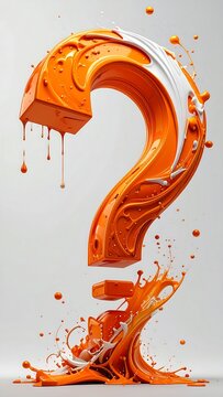 A 3D orange question mark with a melted, paint-like appearance