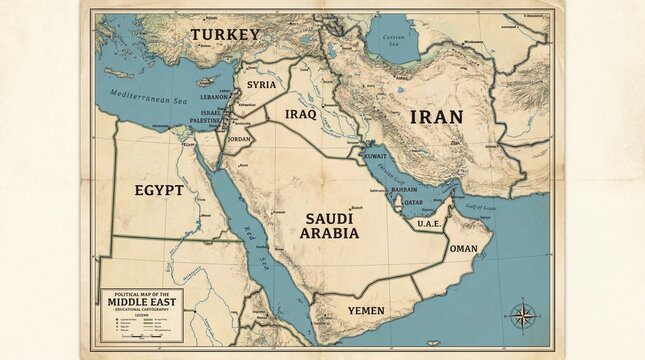 Vintage map of the Middle East region with country borders
