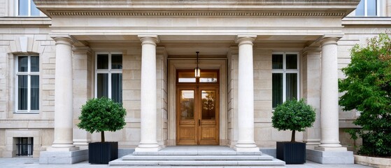 Obraz premium Elegant building entrance with classical columns and refined architectural details, premium real estate, urban sophistication, timeless design.