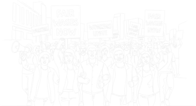 Protest Crowd With Signs and Megaphone - Outline Drawing Illustration