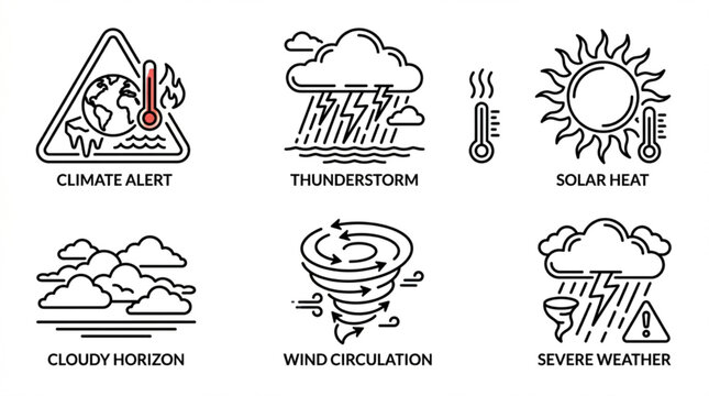Severe weather and climate alert icons showing thunderstorms, solar heat, and wind circulation patterns