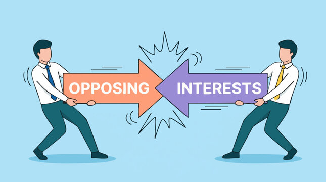 Two businessmen in tug-of-war pulling arrows with 'opposing interests' text